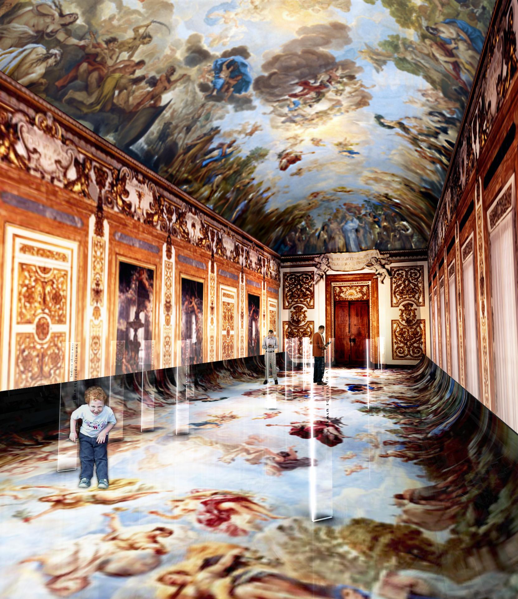 Gli affreschi della volta riprodotti sul pavimento della Sala di Luca Giordano di Palazzo Medici Riccardi (rendering)