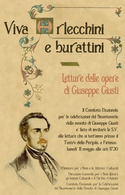 La locandina di "Arlecchini e burattini", lettura scenica da Giuseppe Giusti al Teatro della Pergola di Firenze