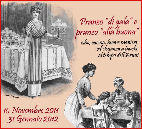 Immagine dal manifesto della mostra 'Pranzo di gala e pranzo alla buona. Cibo, cucina, buone maniere ed eleganza al tempo dell'Artusi'
