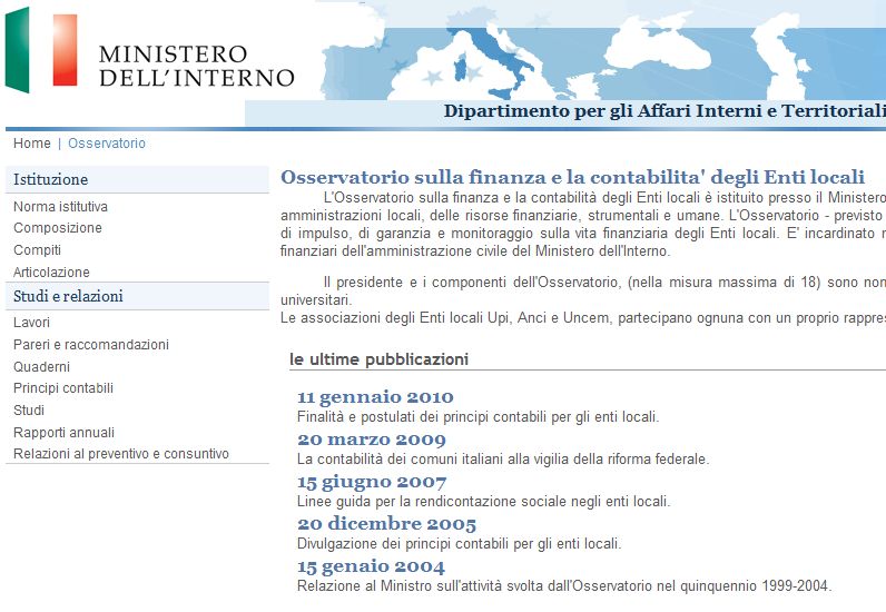Immagine dal sito dell'Osservatorio sulla finanza e la contabilita' degli Enti locali