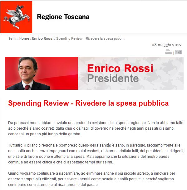La pagina sulla spending review nel sito della Regione Toscana
