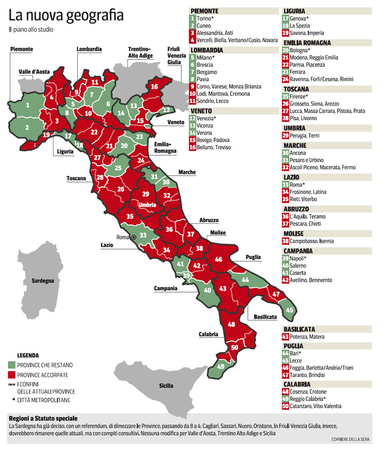 Mappa nuove Province. Fonte: Corriere della Sera