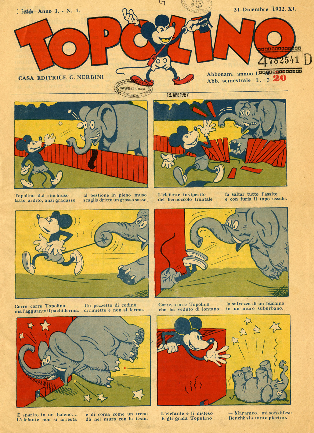 Topolino. Anno 1, n 1, Casa editrice G. Nerbini, 31 dicembre 1932 XI