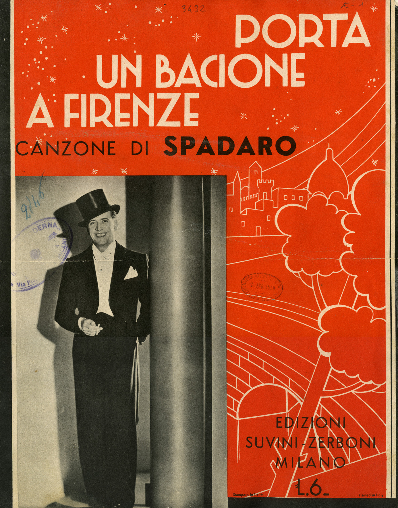 Spartito di “Porta un bacione a Firenze”, di Odoardo Spadaro. Milano, Suvini-Zerboni, 1938