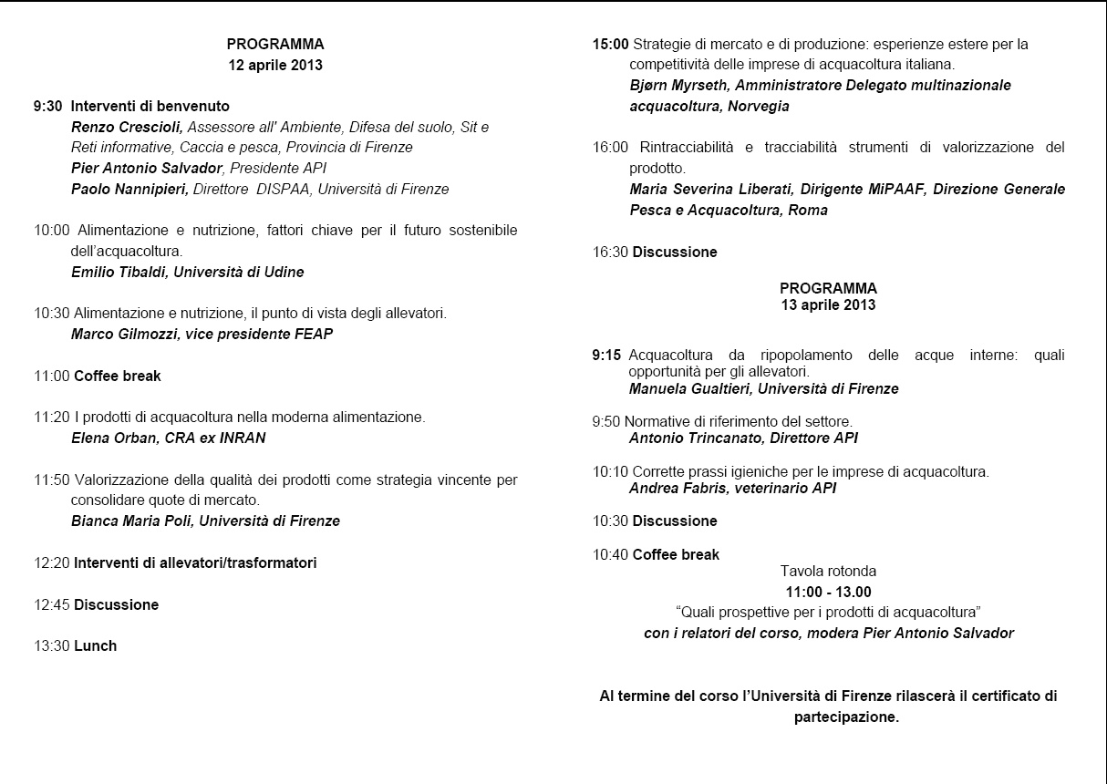 Programma del corso di formazione di aggiornamento in acquacoltura