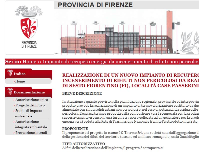 Pagina sul termovalorizzatore di Case Passerini sul sito della Provincia di Firenze