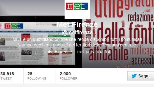 Il contatore della pagina twitter di Met segna 2000 follower