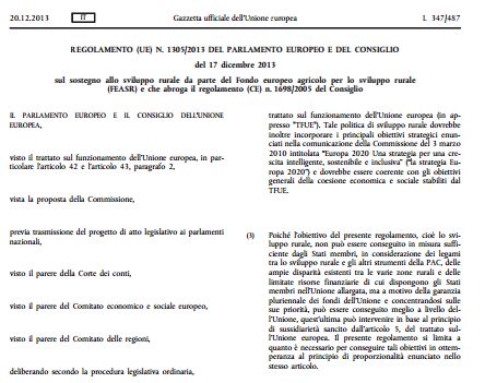Il Regolamento sul sostegno allo sviluppo rurale sulla Gazzetta ufficiale dell'Unione europea