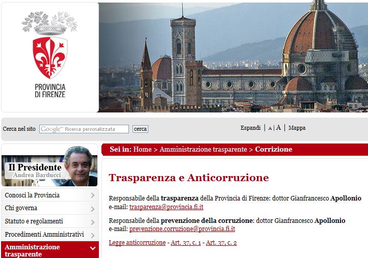 Pagina della prevenzione della corruzione sul sito della Provincia di Firenze