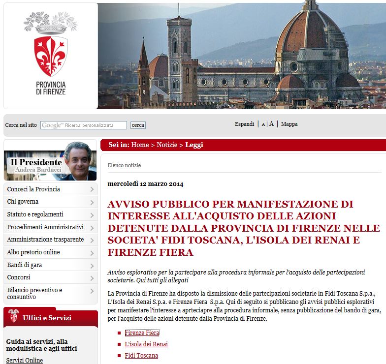 L'avviso pubblicato sul sito della Provincia