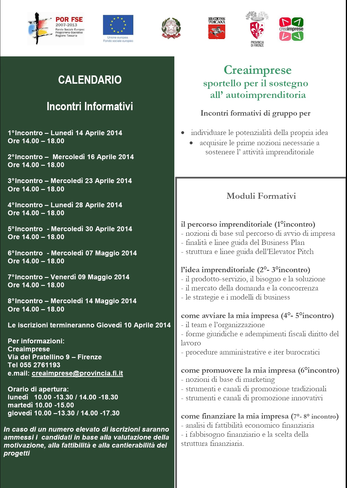 Calendario corsi Creaimprese. Orario pomeridiano