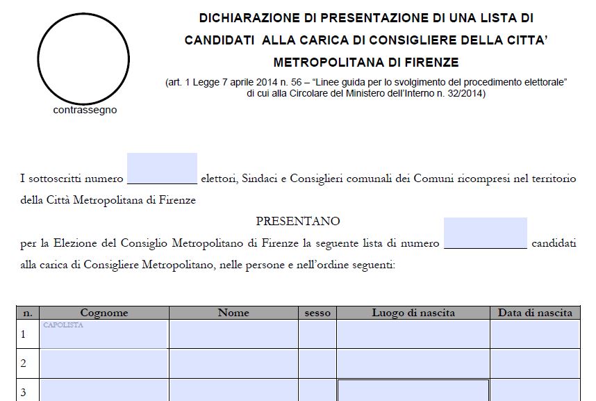 Facsimile di modulo per la presentazione delle liste di candidati alle elezioni metropolitane