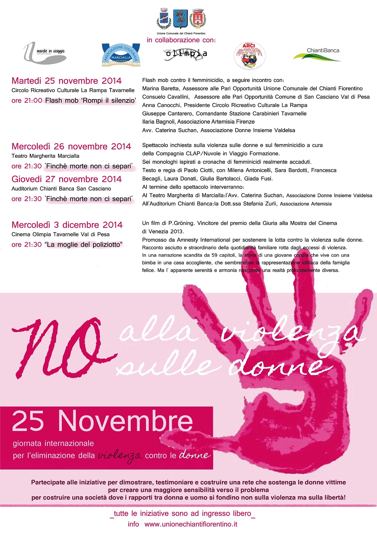 Programma delle iniziative promosse nei Comuni del Chianti in occasione del 25 novembre - giornata internazionale per l'eliminazione della violenza contro le donne