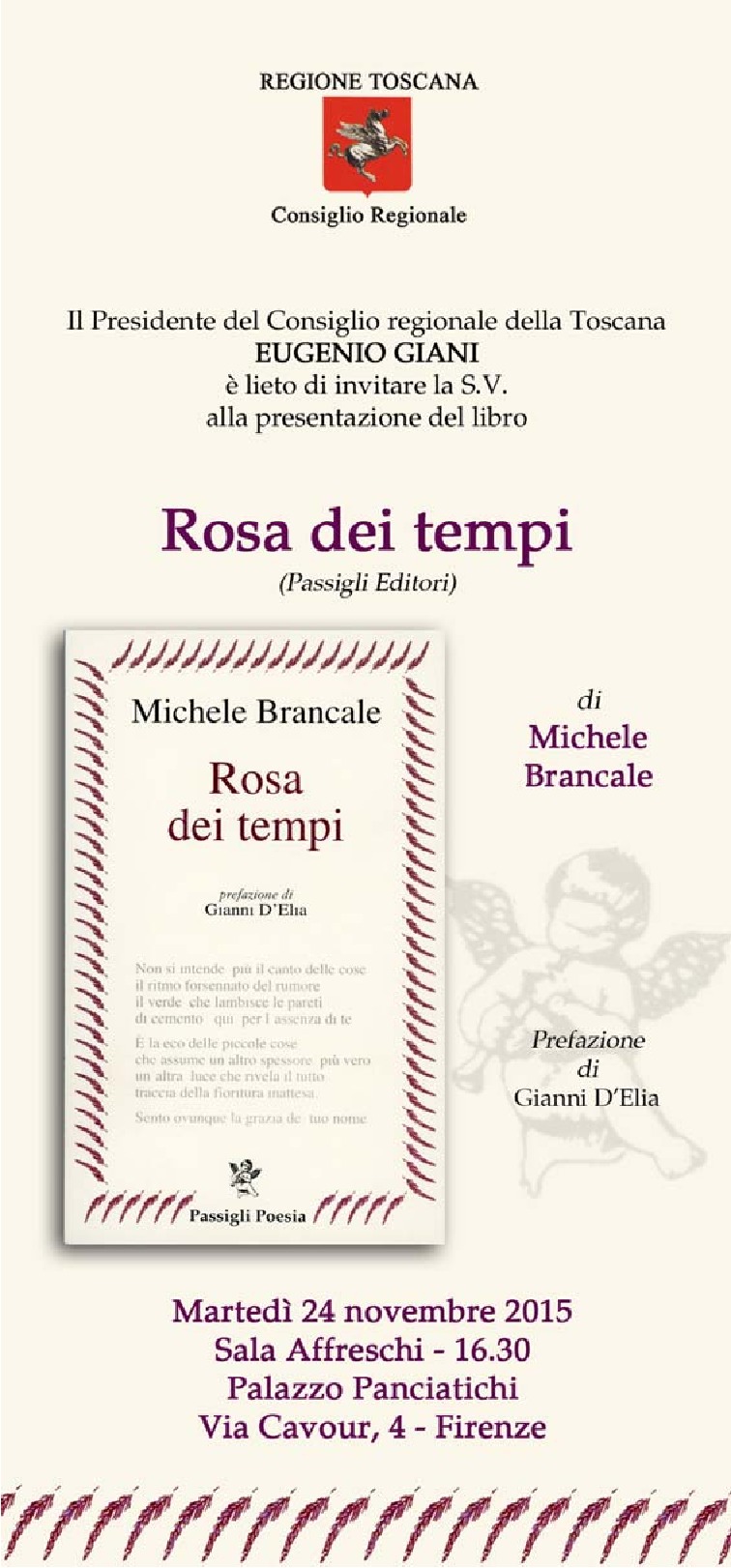 L'invito per la presentazione di 'Rosa dei tempi' di Michele Brancale