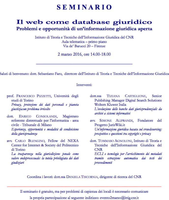 Programma del seminario 'Il web come database giuridico'