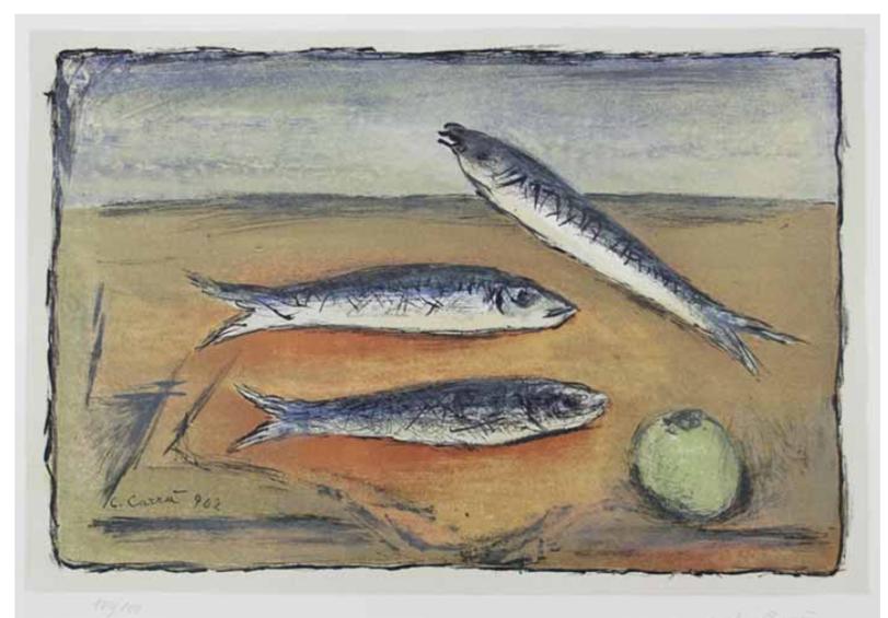 carra - Natura morta con pesci 1963, Litografia 11 colori, mm 280x420