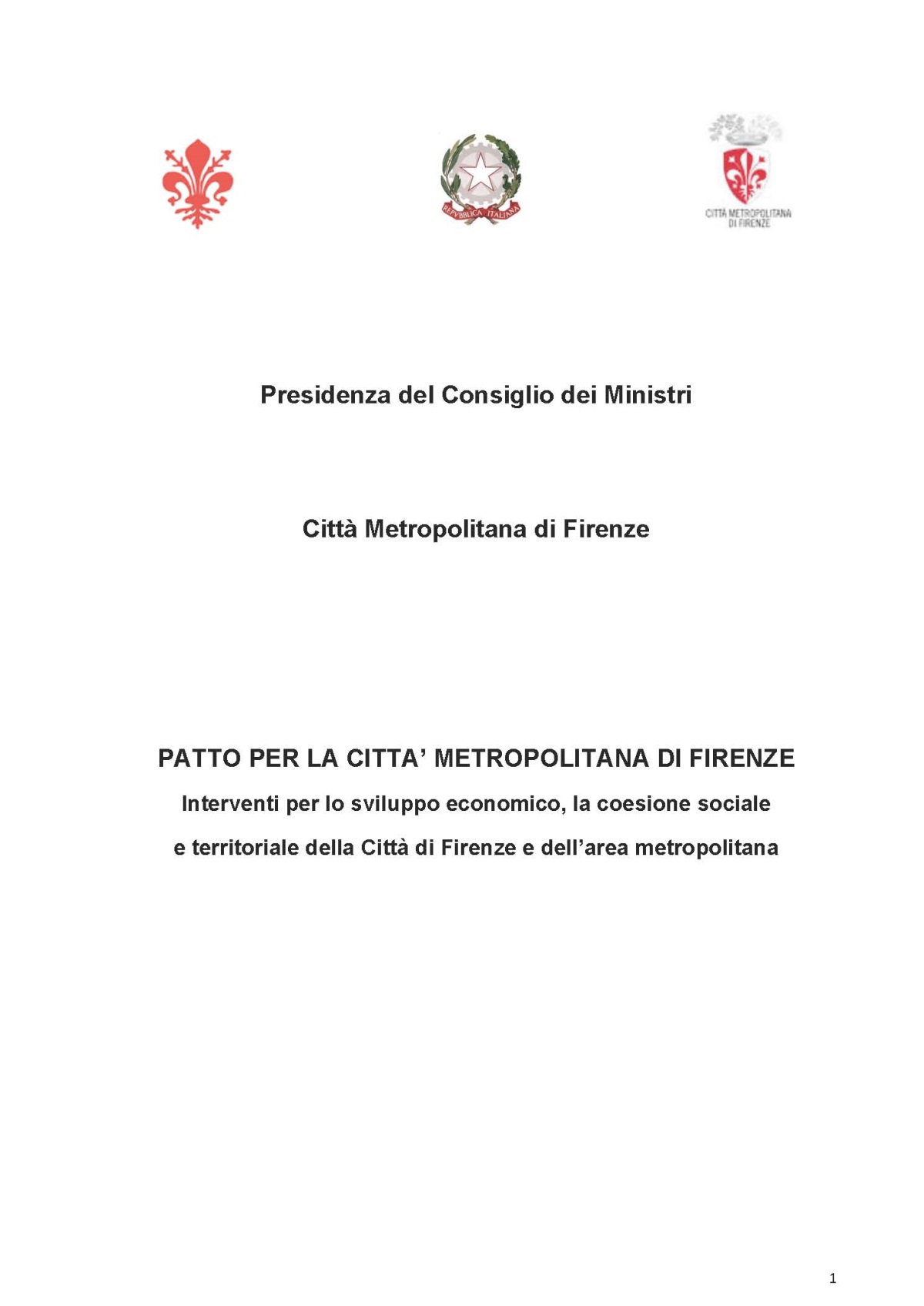 Frontespizio del Patto per la Citta Metropolitana di Firenze 