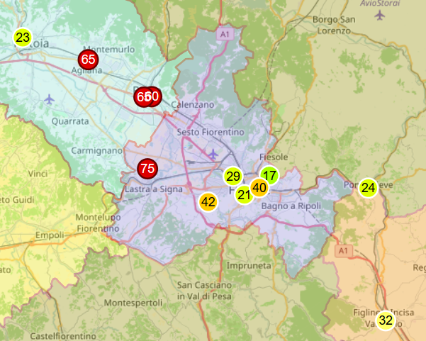 Concentrazione di pm10 sulla mappa dell'Arpat