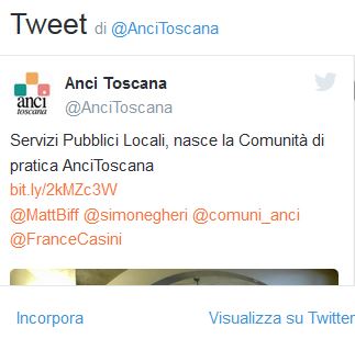 Annuncio della comunita'di pratica sui Servizi Pubblici Locali di Anci Toscana su twitter