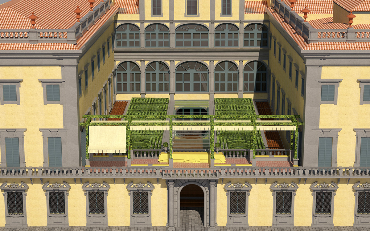 Rendering del nuovo allestimento della  terrazza di Palazzo Corsini progettato da Matteo Corvino per la 30ma Biennale Internazionale dell'Antiquariato di Firenze