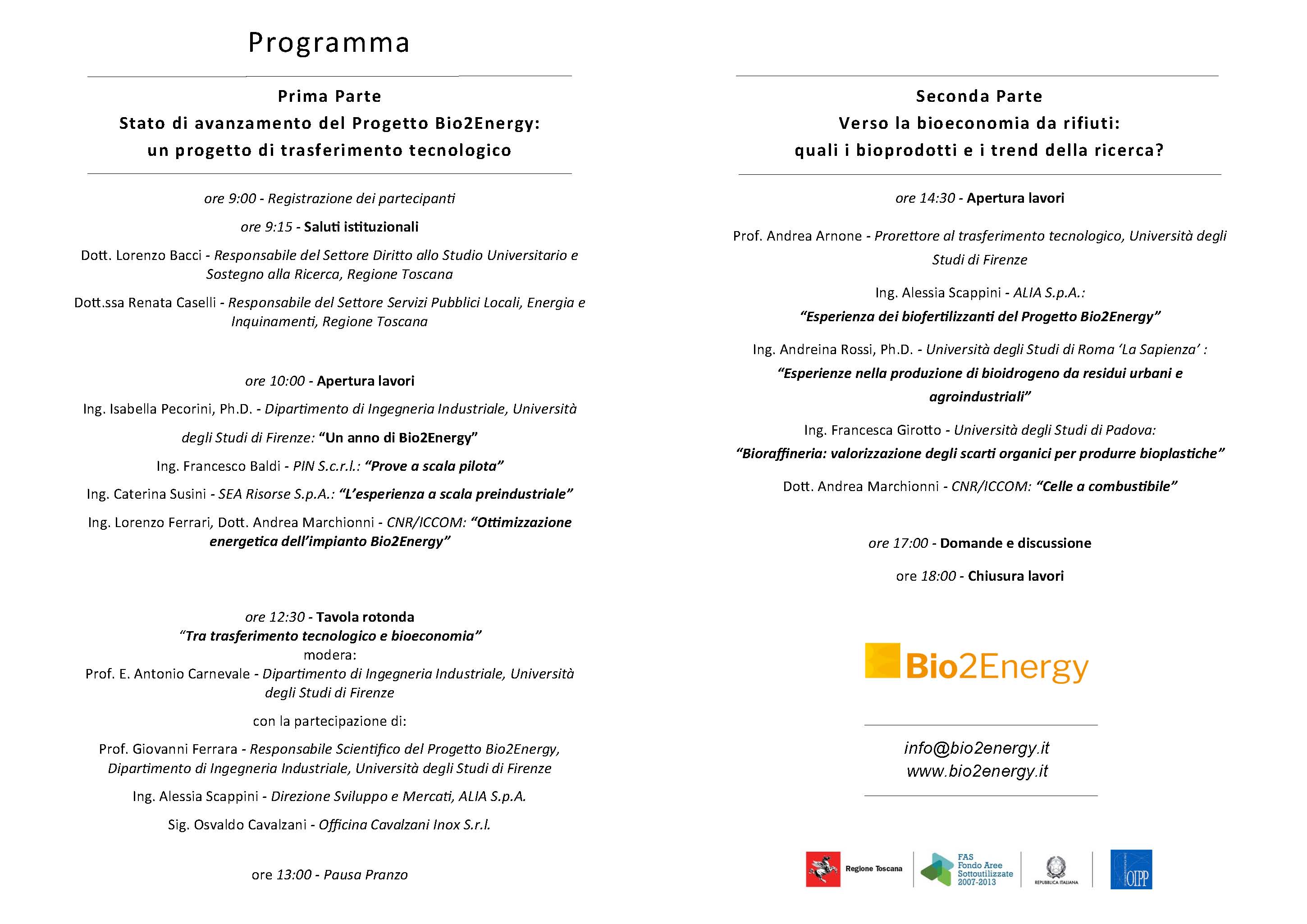 Programma Convegno Bio2Energy: un progetto di Bioeconomia