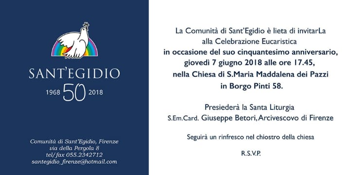 L'invito per la la Festa della Comunità di Sant'Egidio, in occasione del 50 esimo anniversario