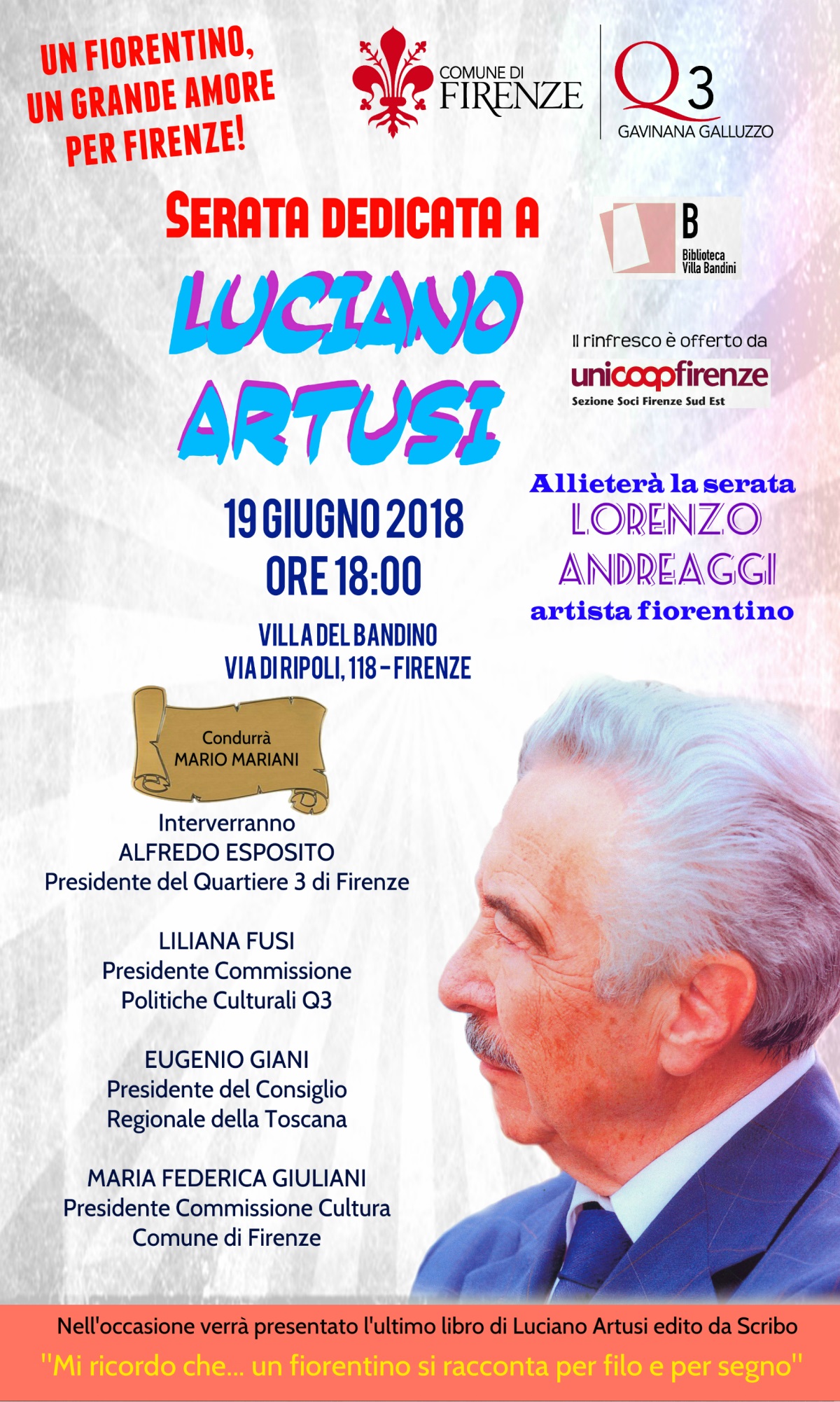 Locandina Serata dedicata a Luciano Artusi nel Quartiere 3 