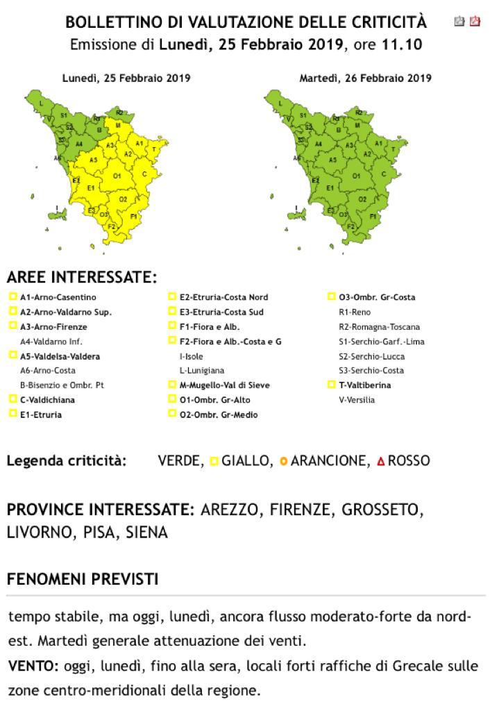 Allerta gialla per rischio vento forte a Firenze 