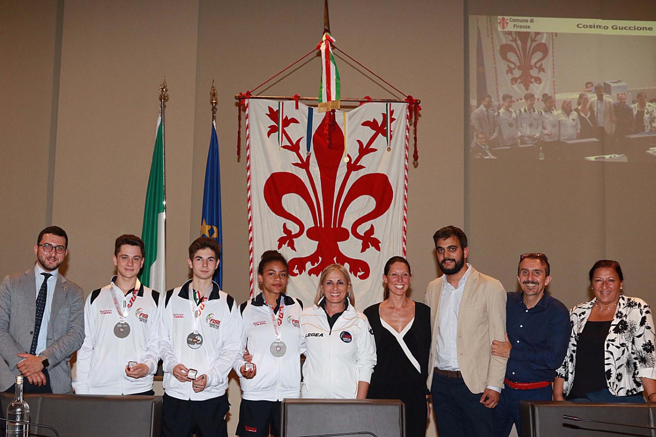 Pattinaggio, festeggiata a Palazzo Vecchio la tripletta degli atleti fiorentini ai mondiali di Barcellona