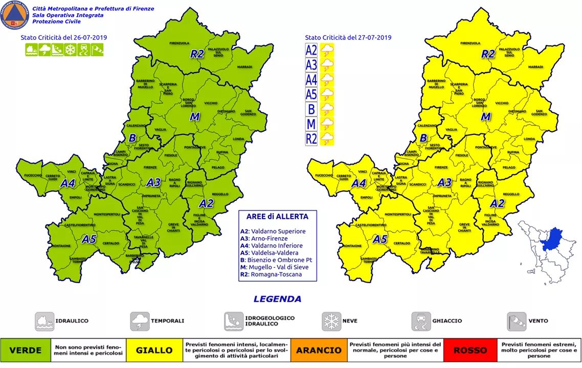 A dx la situazione prevista per sabato 27 luglio nel territorio metropolitano fiorentino