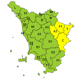 codice giallo per temporali nelle zone interne orientali della Toscana