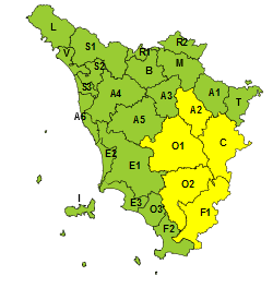 Sabato 31 agosto codice giallo sulla Toscana (immagine da comunicato)