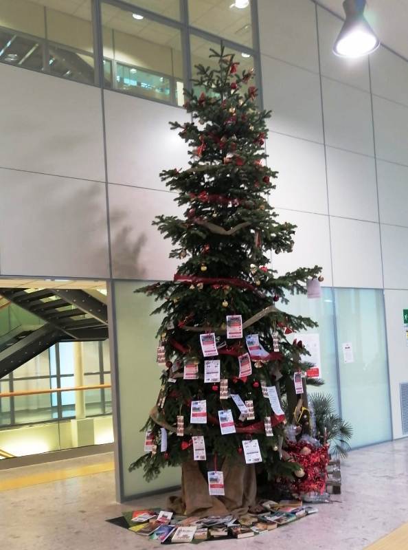 l'albero di Natale donato da Piante Mati con materiali di riciclo allestiti nell'atrio del San Jacopo  (Foto da comunicato)