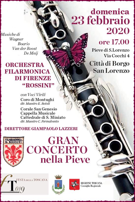 Manifesto Gran concerto nella Pieve di Borgo San Lorenzo della Filarmonica Rossini