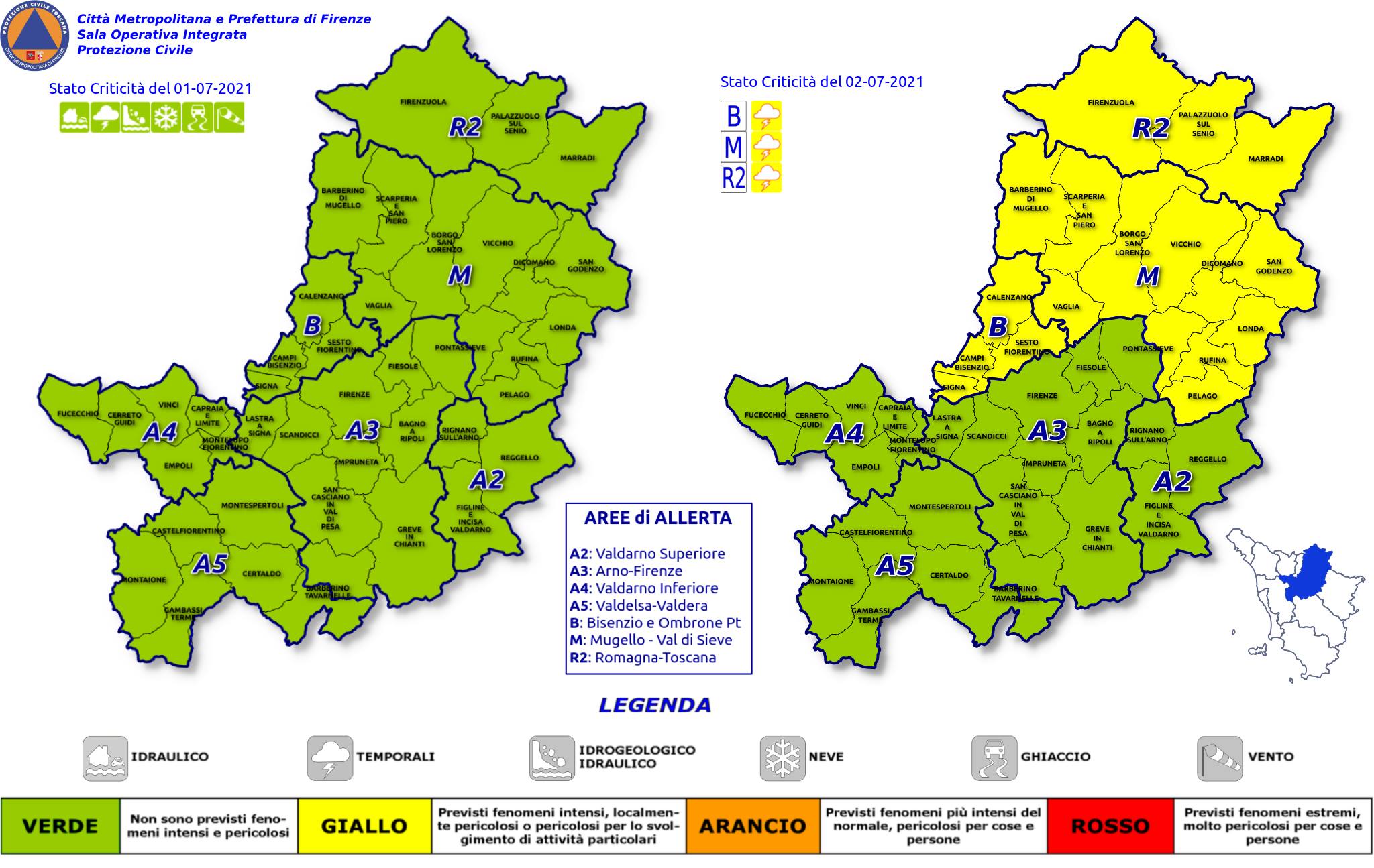 Codice giallo venerd 2 luglio in Mugello e zona Ombrone-Bisenzio (Fonte immagine PC Citt Metropolitana di Firenze)