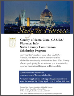 Il flier del bando della Contea di Santa Clara (da https://sistercounties.sccgov.org/italy-sister-county-commission/scholarship-and-grant-opportunities)