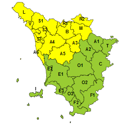 Codice giallo per piogge e temporali (Fonte immagine Regione Toscana)