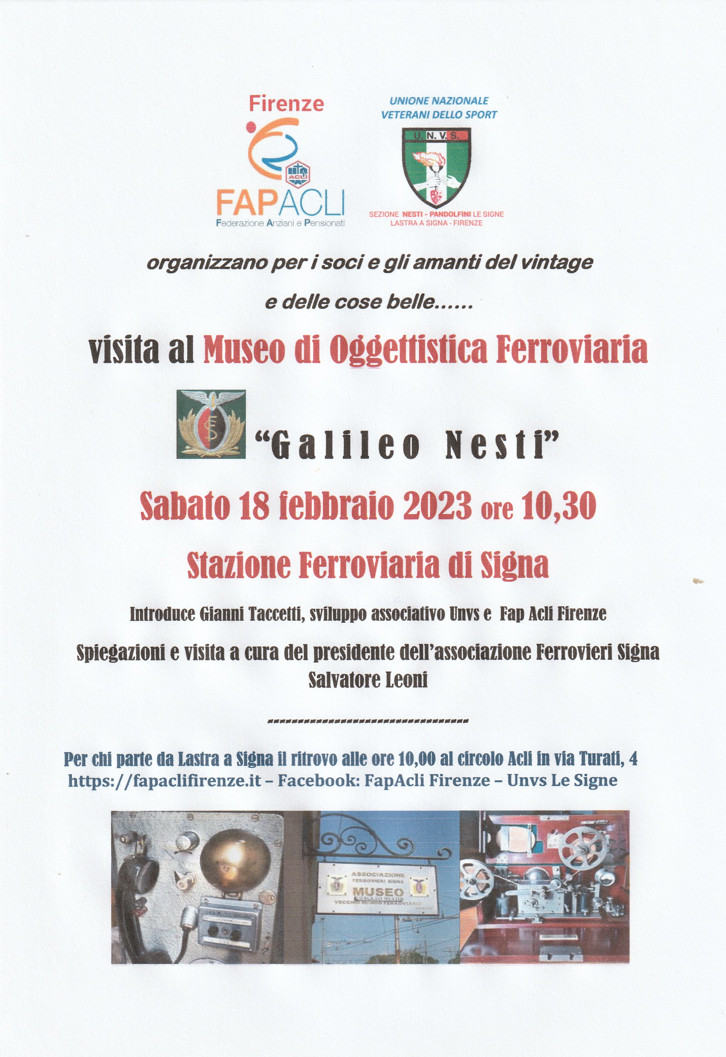 Locandina Fap Acli Firenze e i Veterani dello Sport visita a Signa al Museo di oggettistica ferroviaria Galileo Nesti