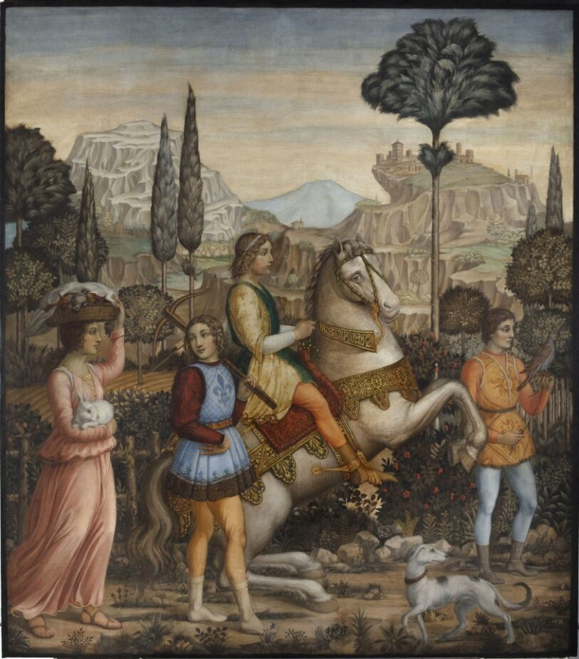 Federigo Angeli, "Signore a cavallo con corteo cavalleresco", tempera grassa su tela, 1931
