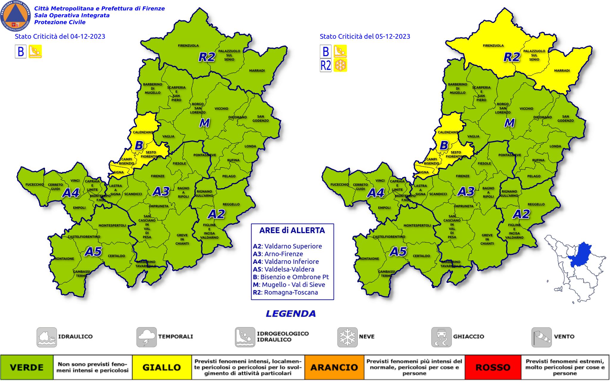 Codice giallo rischio idrogeologico idraulico reticolo minore e neve (Fonte immagine Protezione Civile Città Metropolitana di Firenze)