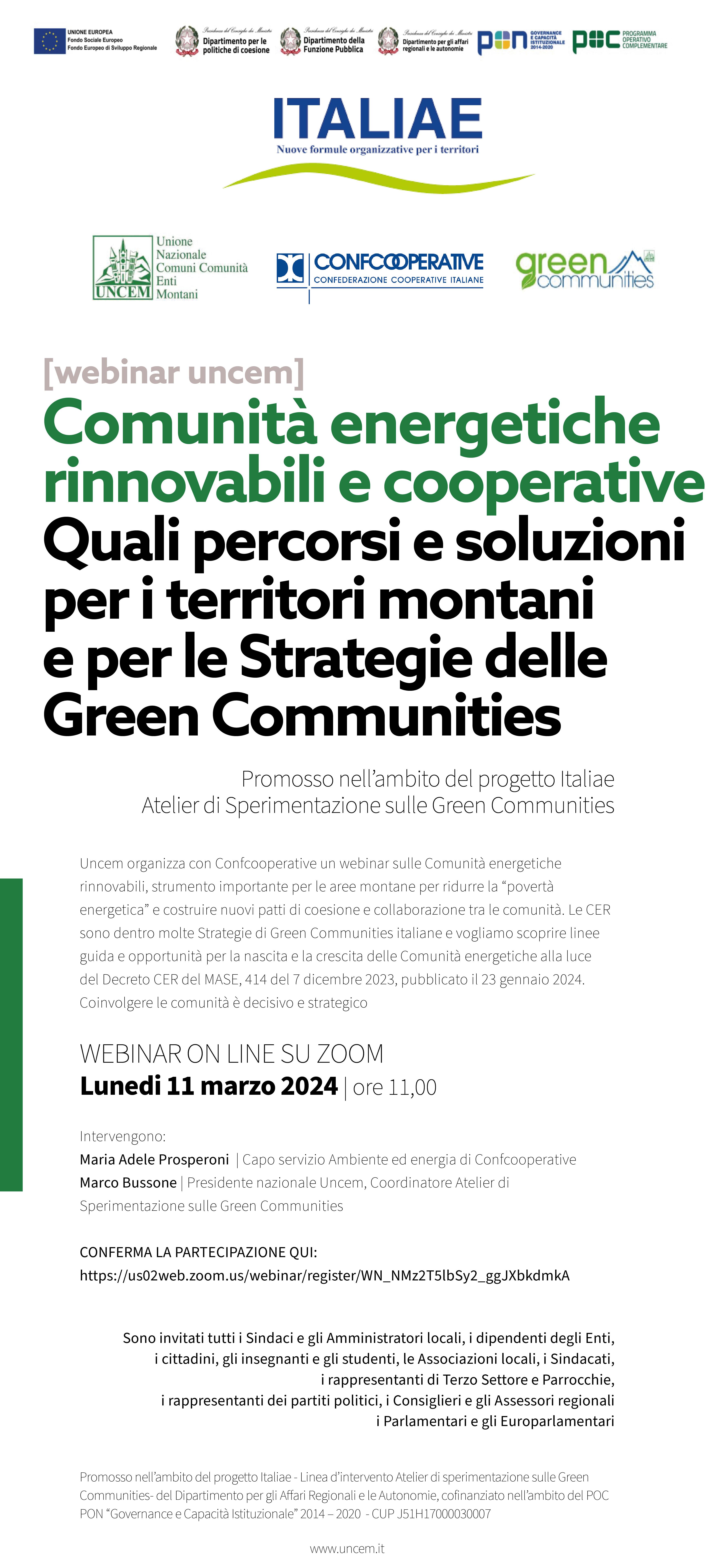 Locandina Webinar Uncem - Comunità Energetiche rinnovabili e cooperative 