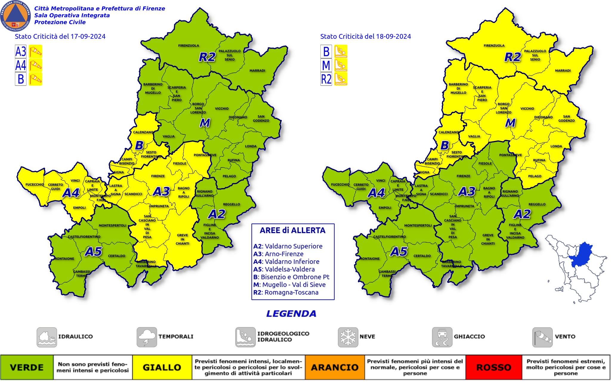 Codice giallo per rischio vento e codice giallo per rischio idrogeologico-idraulico (Fonte immagine PC Citt Metropolitana di Firenze)