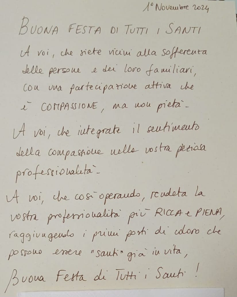 La lettera scritta a mano della famiglia (Font foto Ausl Toscana Centro)