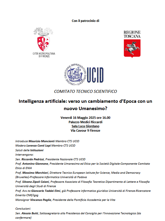 Locandina Convegno Intelligenza artificiale: verso un cambiamento d’Epoca con un nuovo Umanesimo? Palazzo Medici Riccardi a cura del Comitato Tecnico Scientifico Nazionale Ucid 