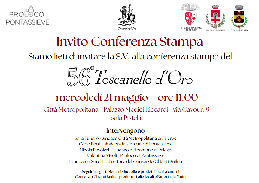Avviso di Conferenza Stampa - 56esima edizione del Toscanello d�Oro in Palazzo Medici Riccardi 