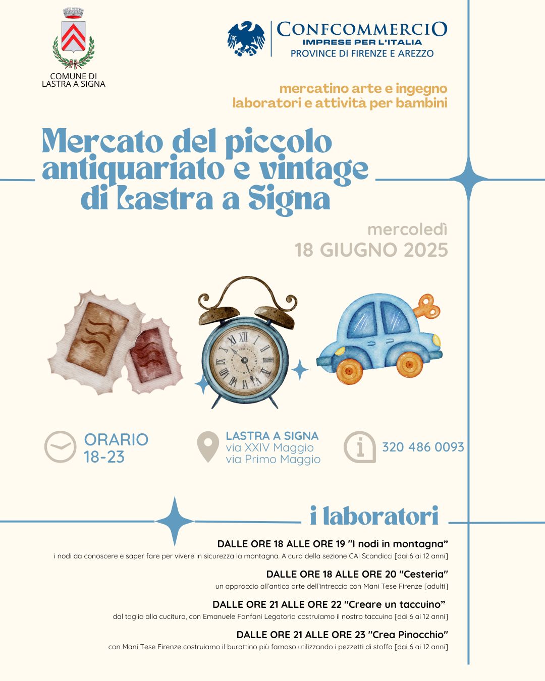 Il 18 giugno il centro storico di Lastra a Signa si anima con il Mercato del piccolo antiquariato, laboratori per bambini, musica e apertura serale dei negozi