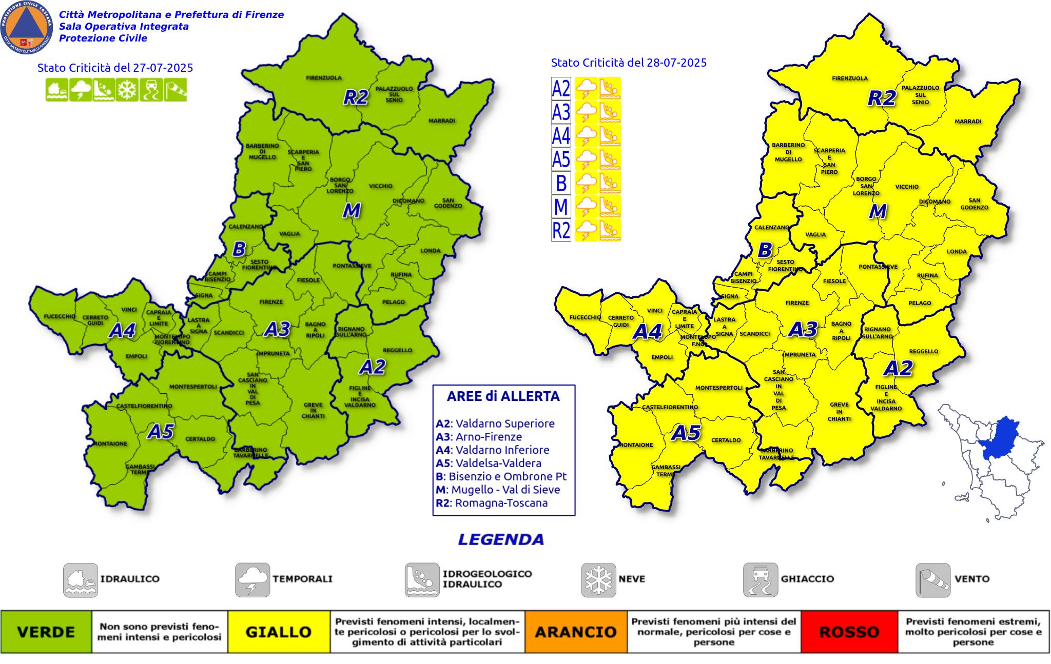 Codice giallo per maltempo sul territorio metropolitano fiorentino per il 28 luglio 2025