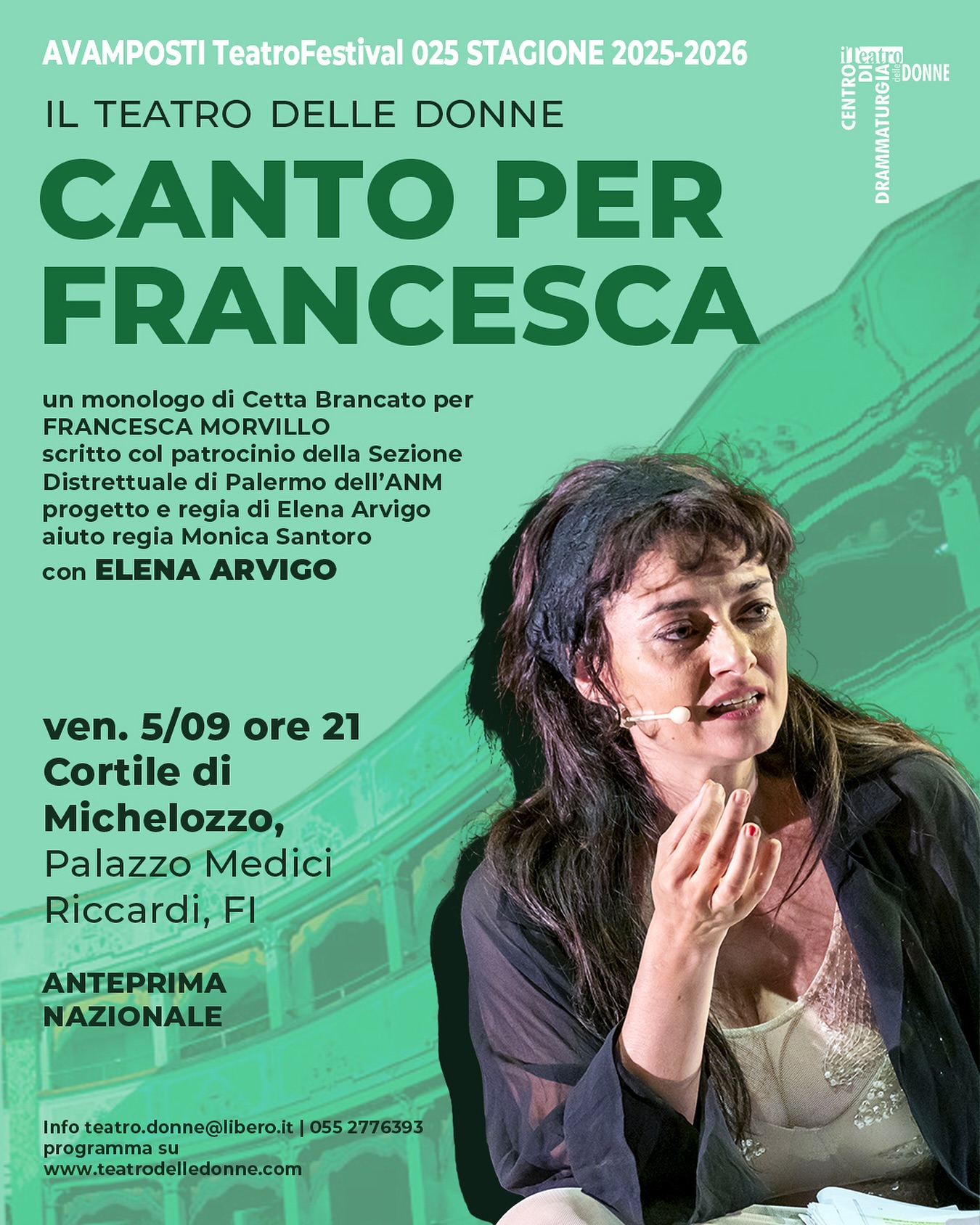 Locandina Canto per Francesca. Il Teatro delle Donne: un monologo di Cetta Brancato per Francesca Morvillo a Palazzo Medici Riccardi 