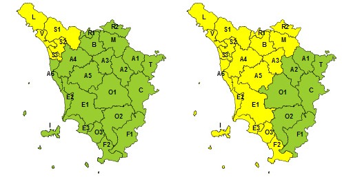 Allerta gialla di lunedì 20 (a sinistra) e martedì 21 (fonte foto comunicato stampa)