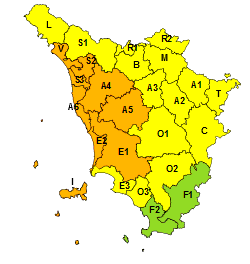 La mappa dell'allerta arancione per mercoledì 22 ottobre (fonte foto comunicato stampa)